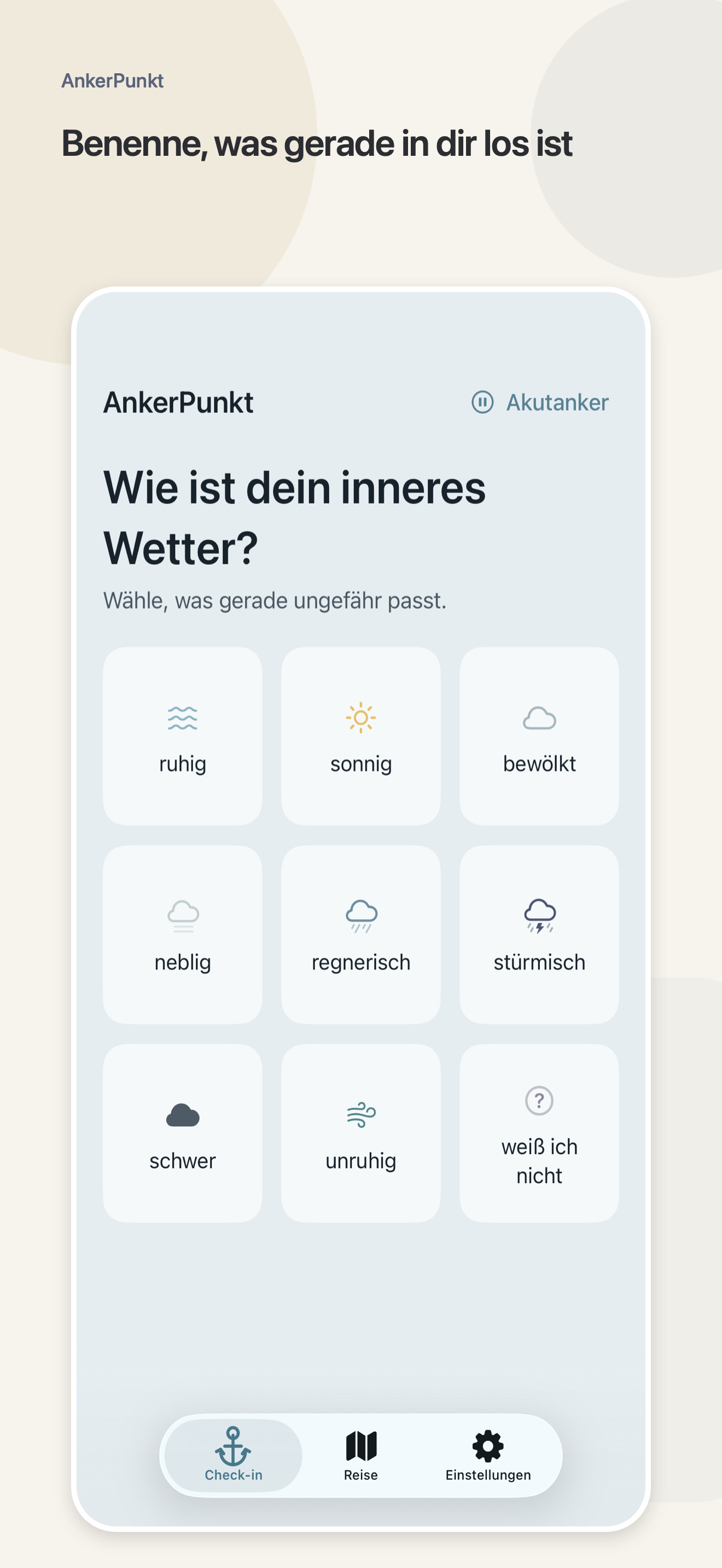 AnkerPunkt-Check-in mit illustrierten Auswahlmöglichkeiten für das innere Wetter.