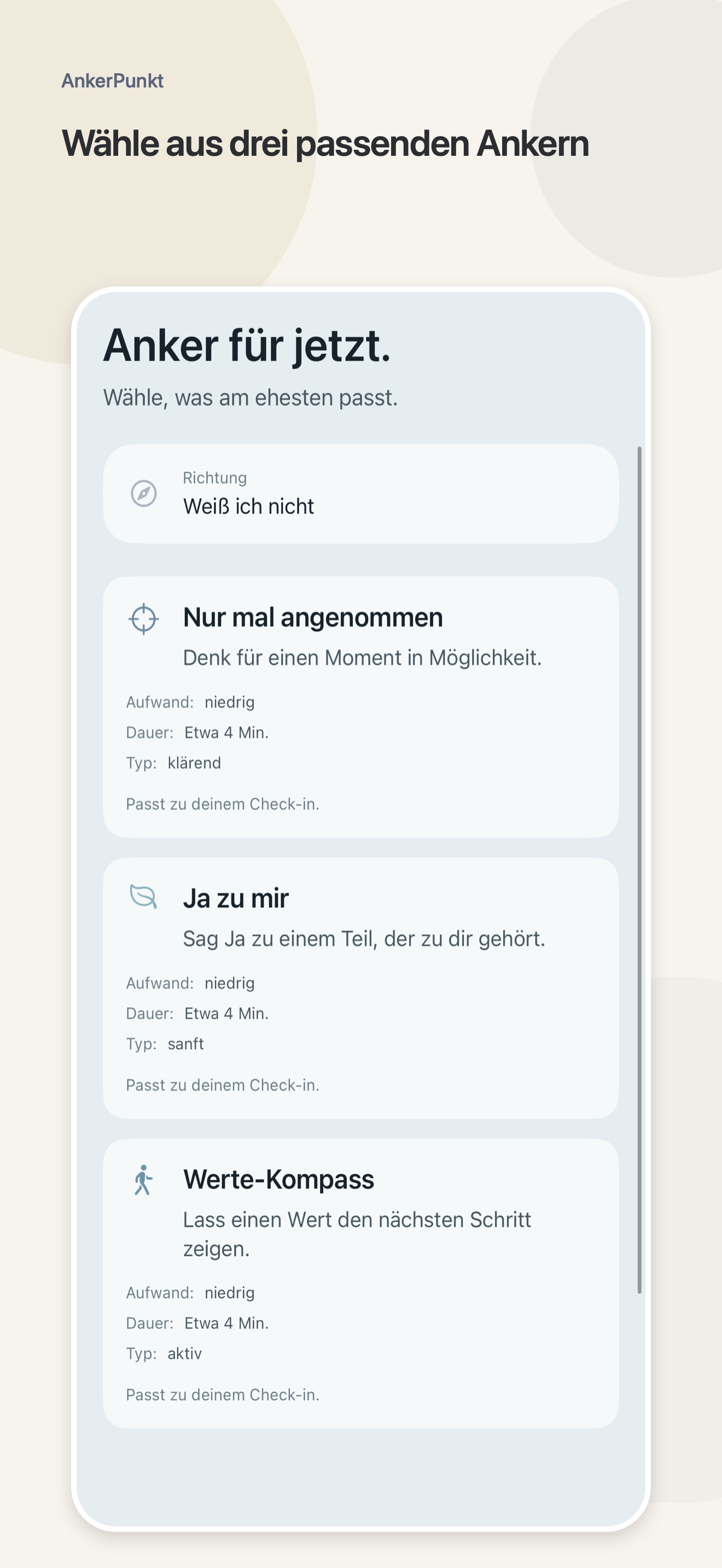 AnkerPunkt-Ansicht zur Auswahl einer passenden Richtung.