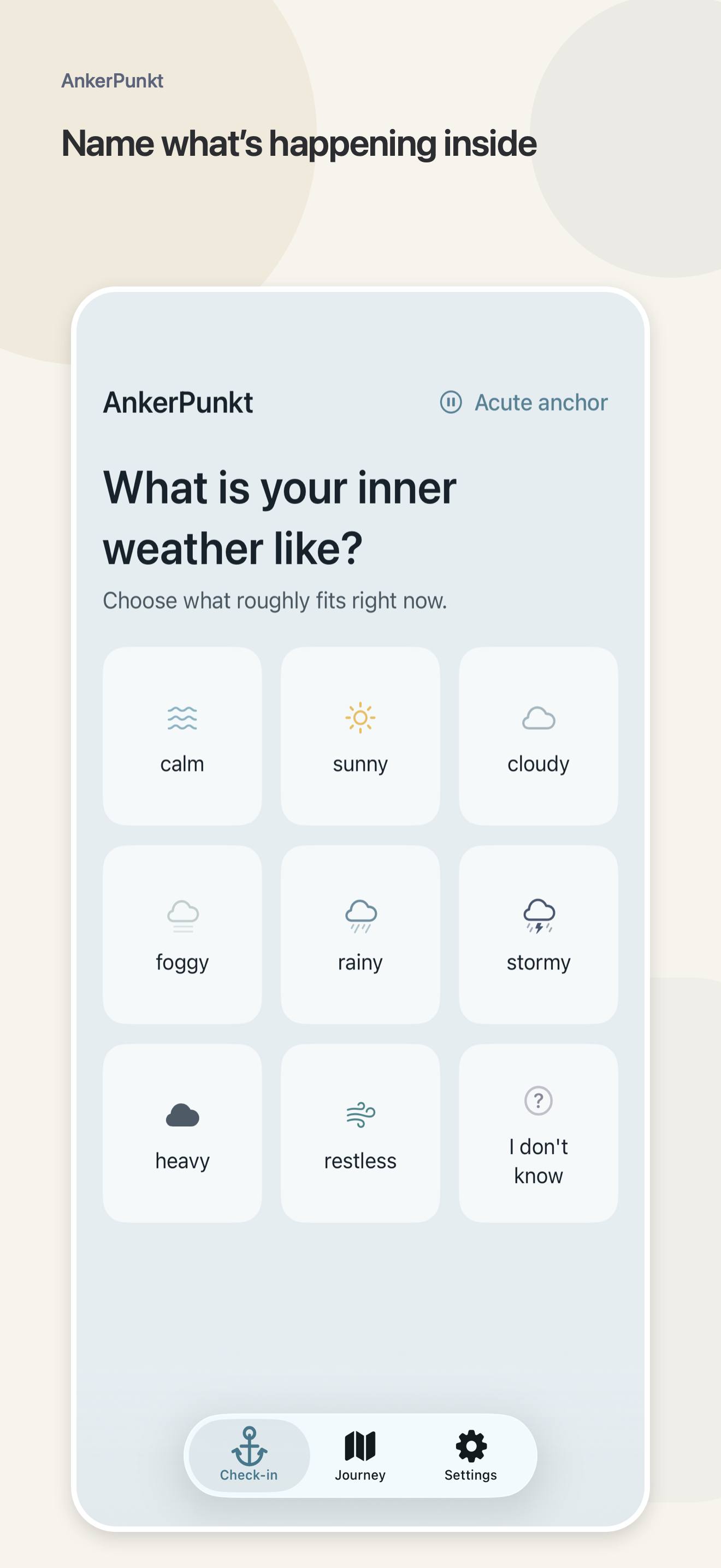 AnkerPunkt check-in screen with illustrated inner-weather choices.