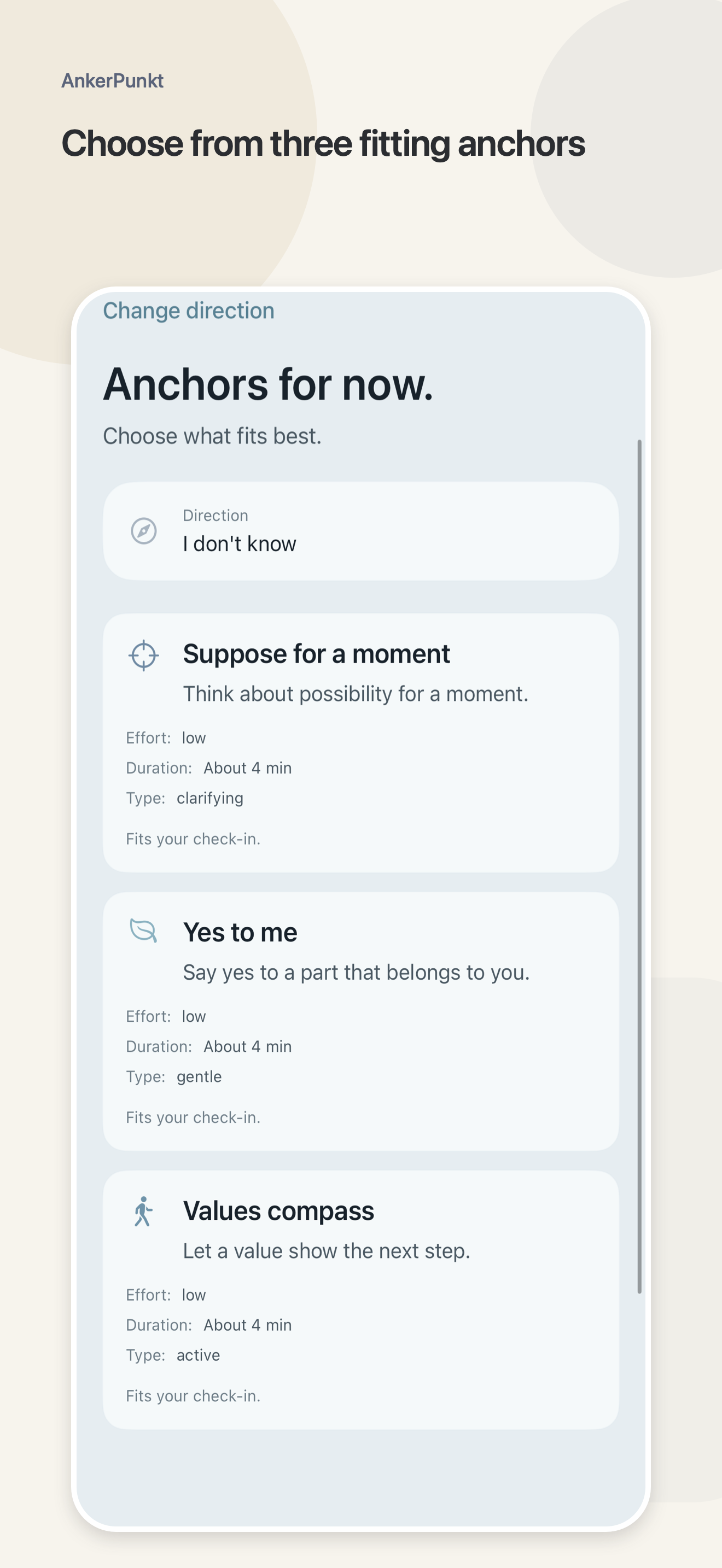 AnkerPunkt direction screen offering a focused next choice.