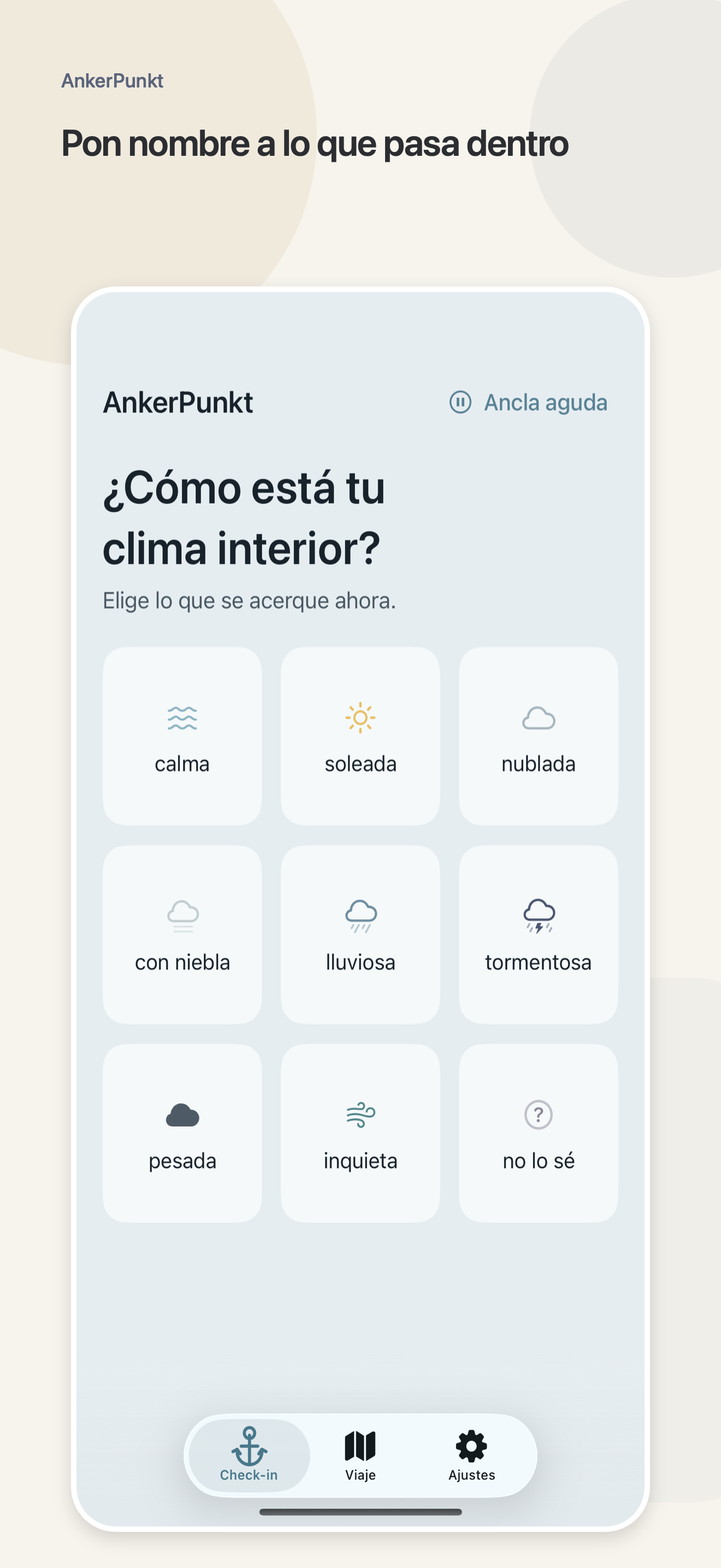 Pantalla de balance de AnkerPunkt con opciones ilustradas para el tiempo interior.