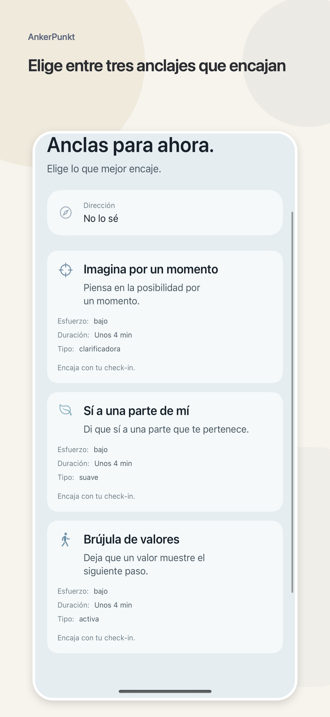 Pantalla de AnkerPunkt para elegir una dirección adecuada.