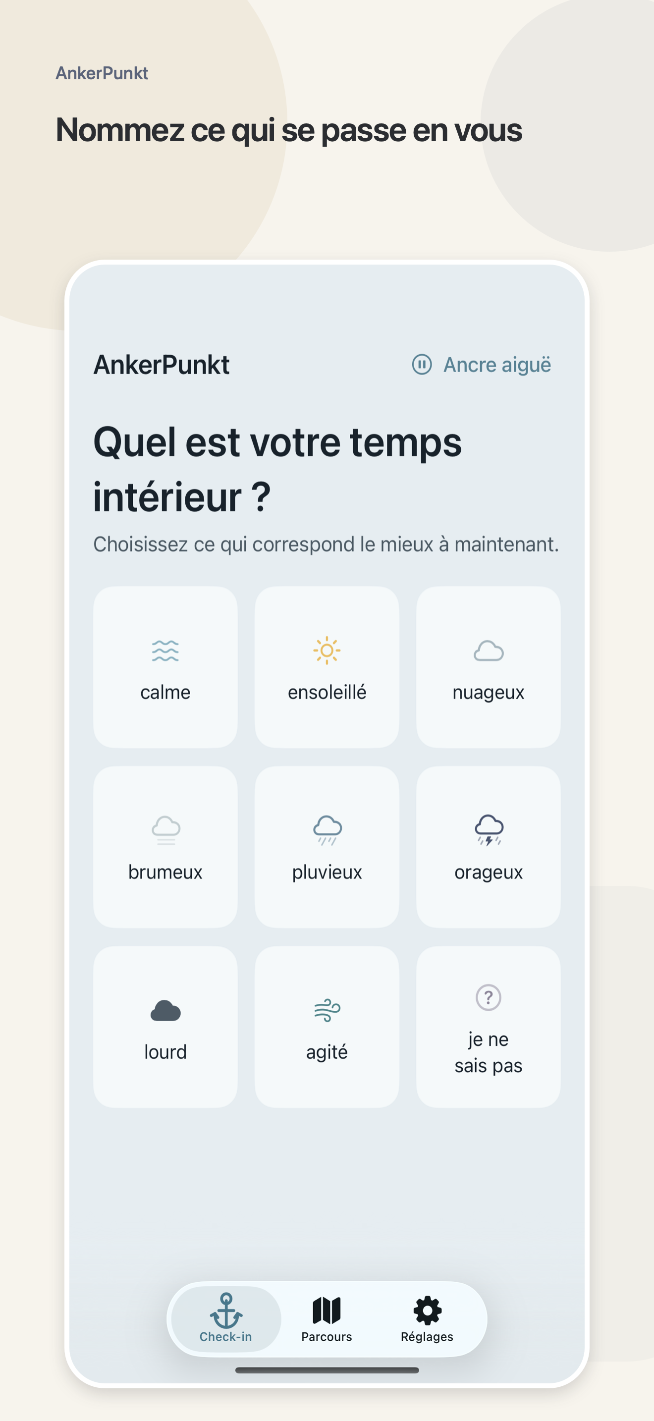 Écran de point de repère d’AnkerPunkt avec des choix illustrés de météo intérieure.